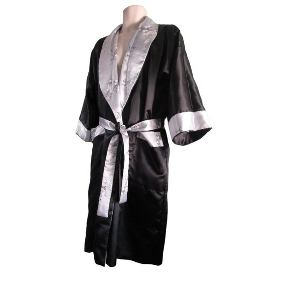 Asian Inspired Embroidered Dragon Reversible Black Gray Robe Men's L Thailand - Picture 1 of 16